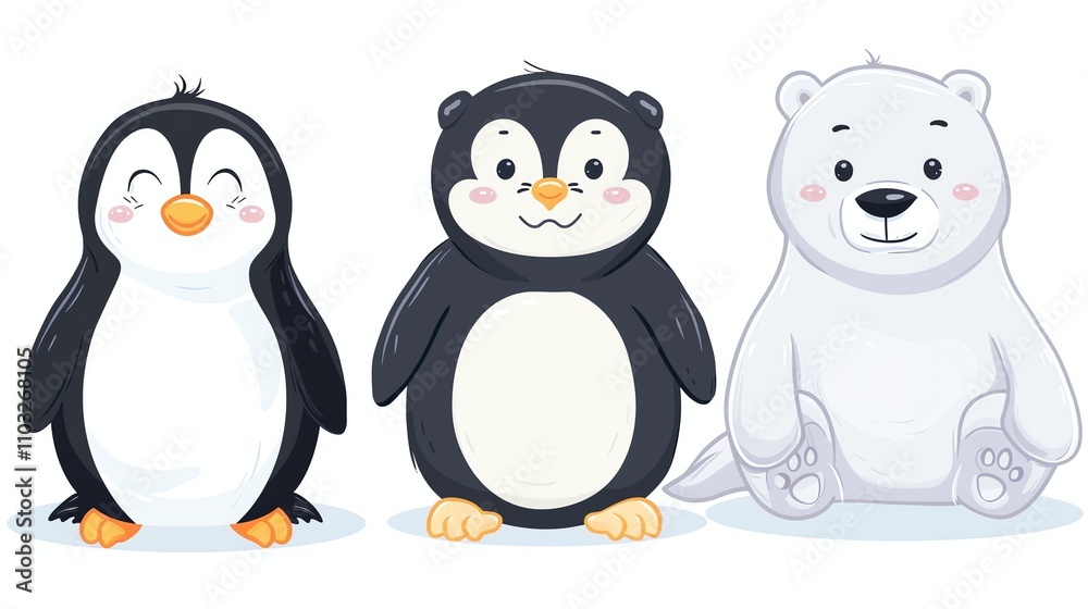 Fototapeta premium Three cartoon animals, two penguins and a polar bear, are standing and sitting.