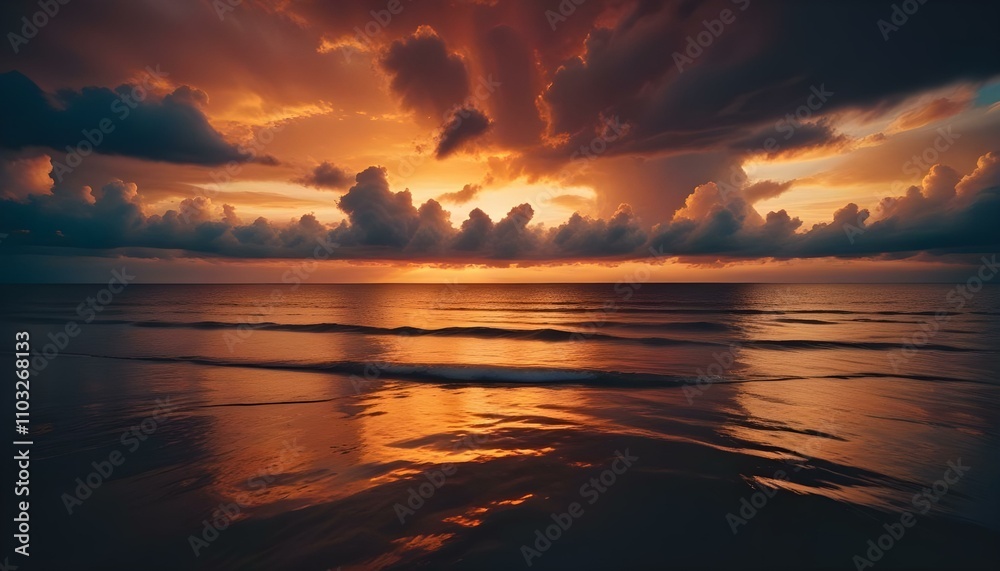 Una espectacular puesta de sol sobre un océano en calma, con vibrantes nubes de color naranja, amarillo y azul reflejándose en el agua tranquila. El sol se pone detrás de las nubes, creando una impres Una espectacular puesta de sol sobre un océano en calma, con vibrantes nubes de color naranja, amarillo y azul reflejándose en el agua tranquila. El sol se pone detrás de las nubes, creando una impres