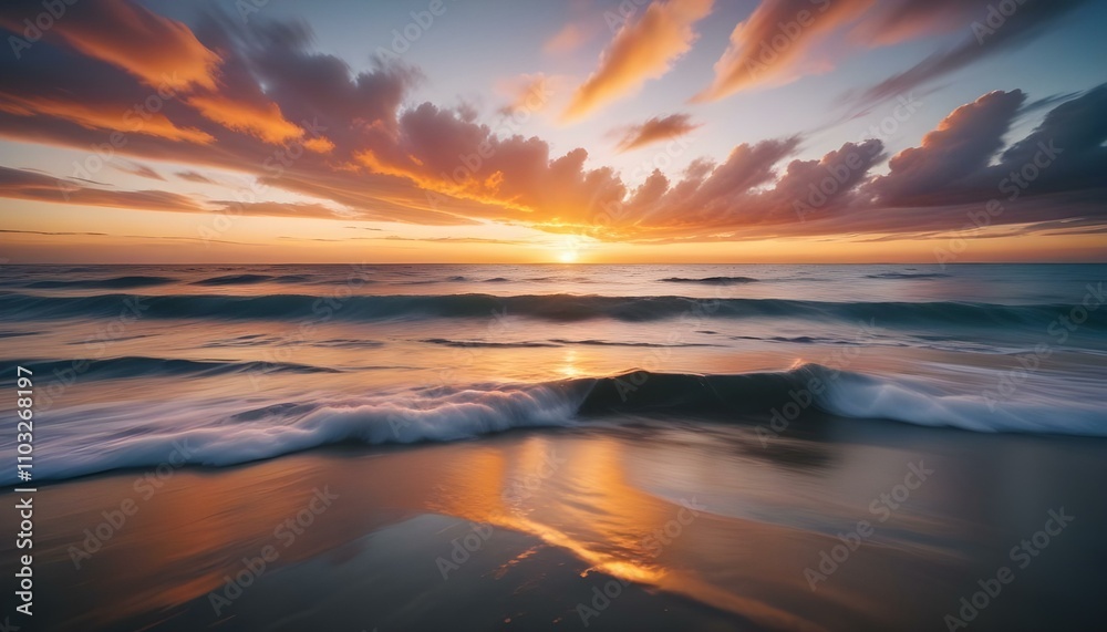 Fototapeta premium Una espectacular puesta de sol sobre un océano en calma, con vibrantes nubes de color naranja, amarillo y azul reflejándose en el agua tranquila. El sol se pone detrás de las nubes, creando una impres