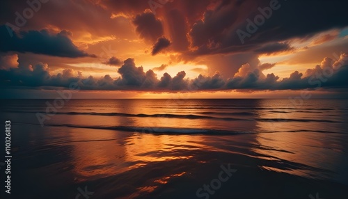 Una espectacular puesta de sol sobre un océano en calma, con vibrantes nubes de color naranja, amarillo y azul reflejándose en el agua tranquila. El sol se pone detrás de las nubes, creando una impres