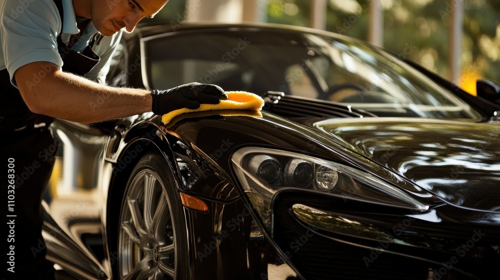 person polishing a luxury car with a microfiber cloth. person polishing a luxury car with a microfiber cloth.