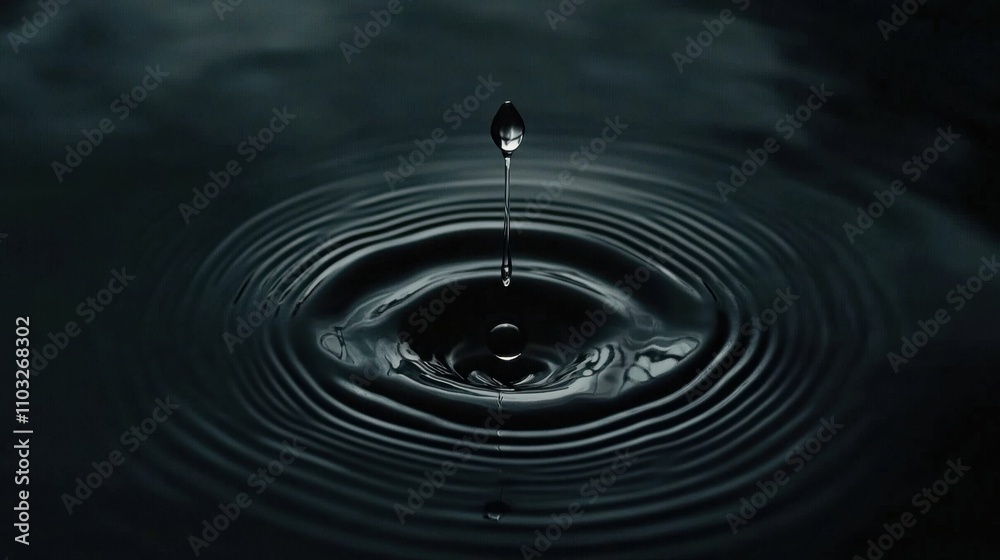 Single water droplet falling into dark water, creating perfect ripple ...