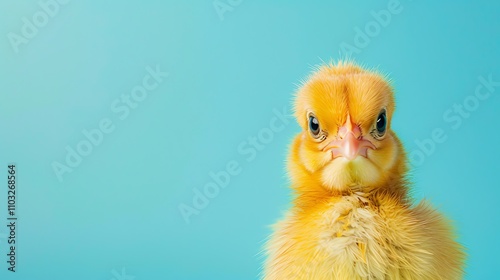 A fluffy yellow chickling stares directly at the camera with a serious expression.