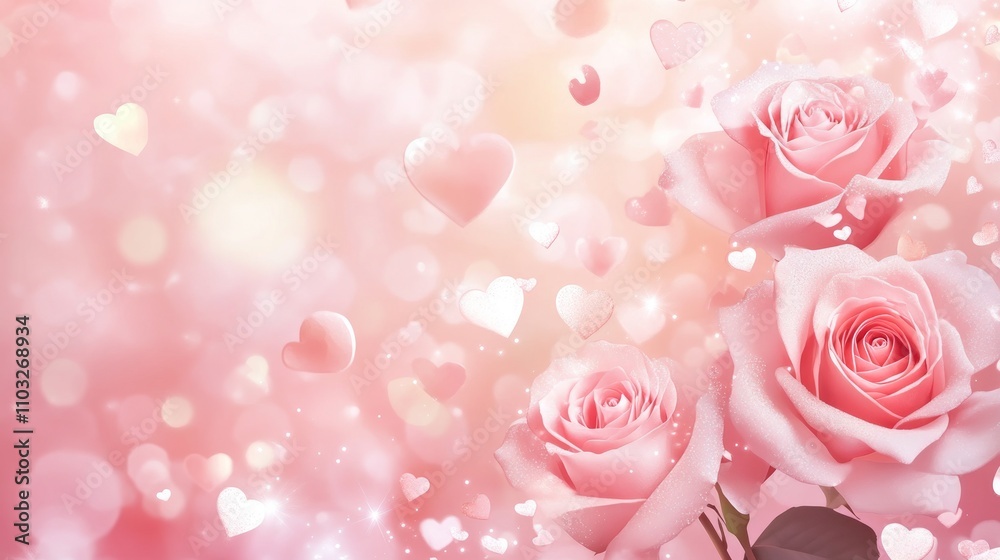 Pink Roses and Hearts Romantic Floral Background Pink Roses and Hearts Romantic Floral Background