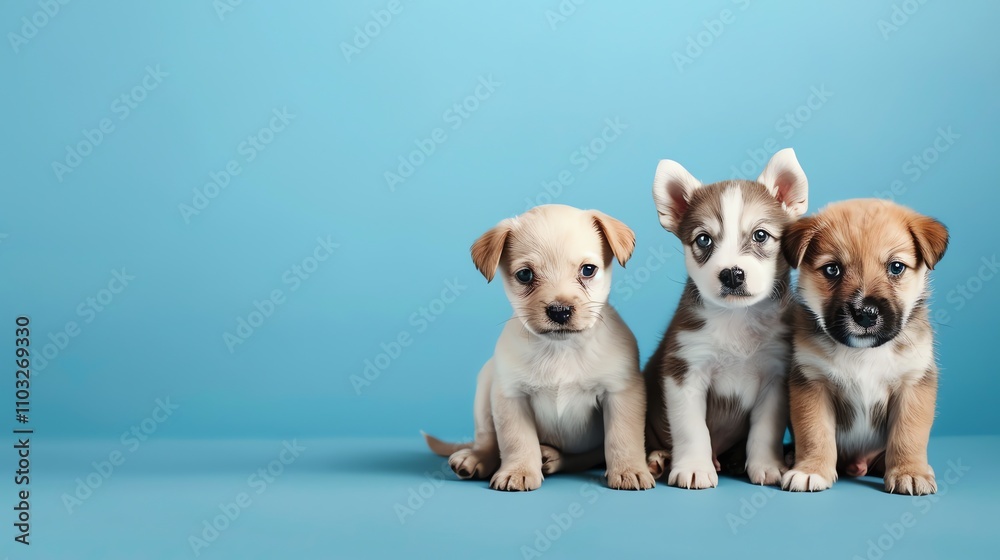 Three adorable puppies sit in a row against a blue background. Three adorable puppies sit in a row against a blue background.