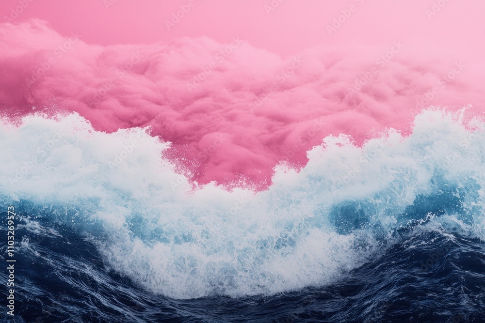 Fototapeta premium Dynamic ocean waves meet dreamy pink clouds coastal landscape aerial view serene nature scene