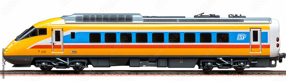 High-Speed Rail Vehicle, Sleek Yellow and Blue Train on Tracks