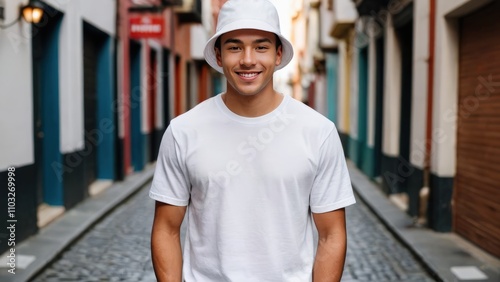 Young man wearing white t-shirt and white bucket hat standing in a city alley