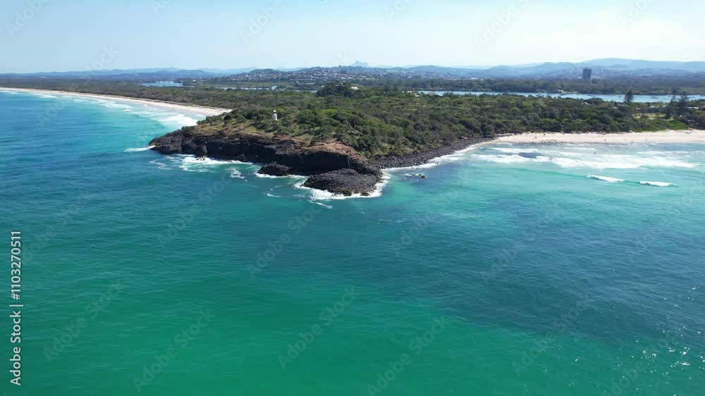 Breathtaking View Of Fingal Headland And Beach In Summer In NSW, Australia. - aerial shot Breathtaking View Of Fingal Headland And Beach In Summer In NSW, Australia. - aerial shot