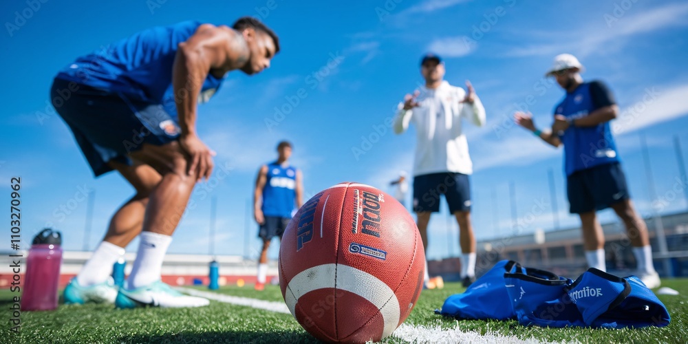 A close-up of an American football resting on a grassy field, with blurred players and equipment in the background. The image captures the essence of sports training and teamwork.