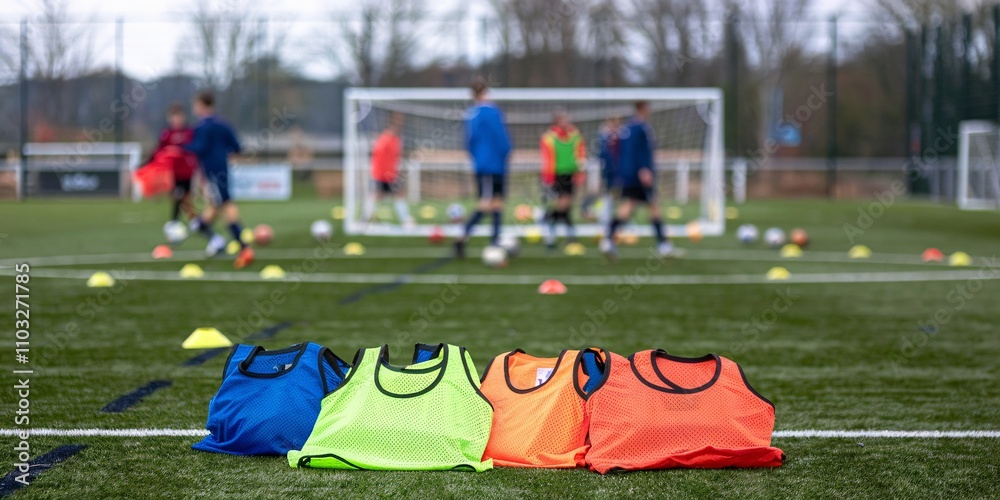 Obraz premium Brightly colored training bibs lie in focus on the field, with players and activity blurred in the background. The image captures pre-game preparation, emphasizing sports equipment and energy.