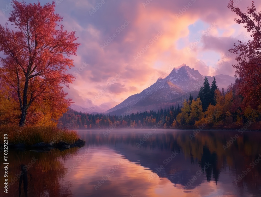 A serene landscape featuring a tranquil lake surrounded by vibrant autumn foliage and majestic mountains, perfect for nature-themed projects, travel brochures, or relaxation-focused content, A serene landscape featuring a tranquil lake surrounded by vibrant autumn foliage and majestic mountains, perfect for nature-themed projects, travel brochures, or relaxation-focused content,