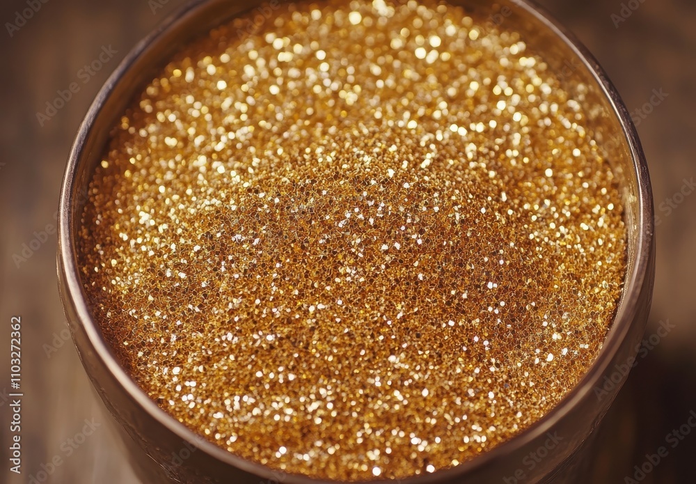 Close-Up View of Sparkling Golden Glitter in a Container for Arts and Crafts, Perfect for Creative Projects and Festive Decorations Close-Up View of Sparkling Golden Glitter in a Container for Arts and Crafts, Perfect for Creative Projects and Festive Decorations
