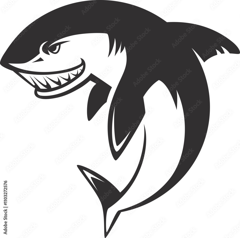 A black and white shark with its mouth open and teeth showing A black and white shark with its mouth open and teeth showing