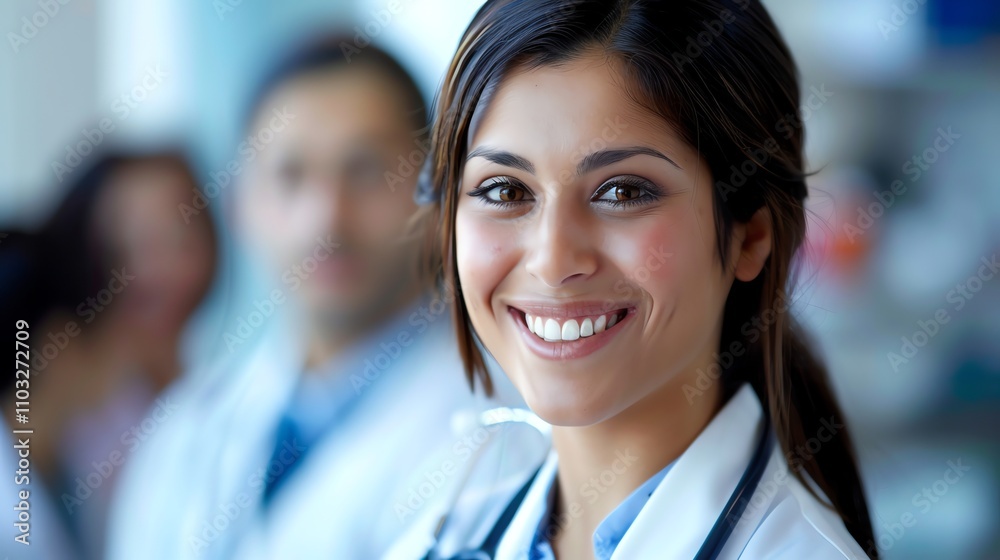 A smiling woman in a white lab coat. A smiling woman in a white lab coat.