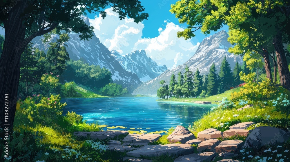 A serene mountain lake scene with snow-capped peaks, lush green trees, and a clear blue sky. A serene mountain lake scene with snow-capped peaks, lush green trees, and a clear blue sky.