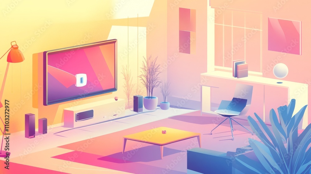 Vibrant and Modern Living Room Interior with Geometric Shapes and Soft Pastel Colors Perfect for Contemporary Home Decor Inspiration and Design Ideas Vibrant and Modern Living Room Interior with Geometric Shapes and Soft Pastel Colors Perfect for Contemporary Home Decor Inspiration and Design Ideas