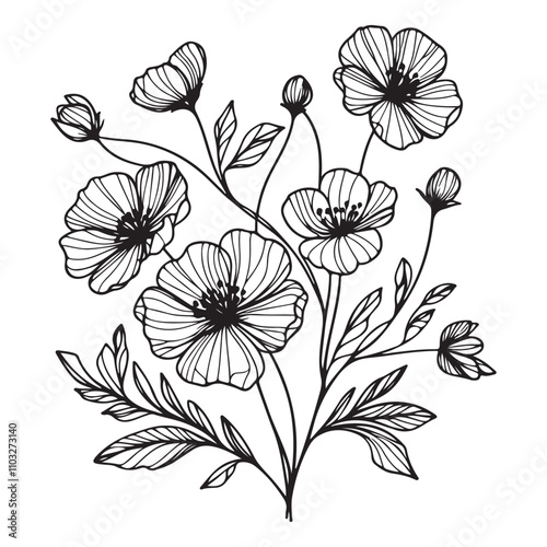 One continuous single hand drawing black line art doodle of blooming flower illustration on white background