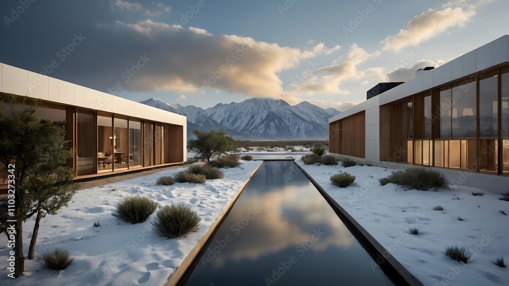 Modern Hotel in Minimalist Container Box Design Inspired, Blending Scandinavian-Inspired Interiors with Nature; Featuring Diverse Weather and Terrain Settings for Stunning Visual Appeal (AI-Generated)