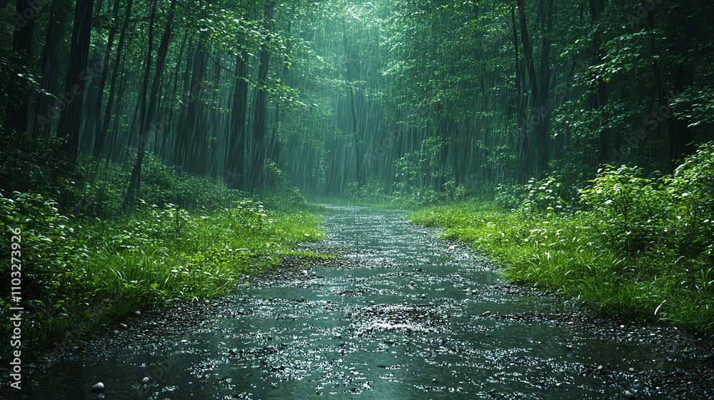 Gentle rain falling on a lush green forest, peaceful weather, nature's tranquility Gentle rain falling on a lush green forest, peaceful weather, nature's tranquility