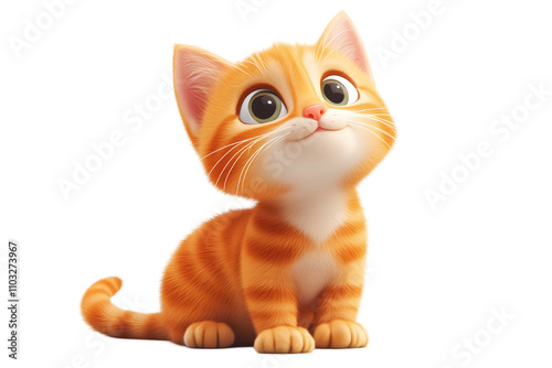 3d render of Cat isolated on transparent background. png. clipart. Charming 3D rendered cartoon cat in orange with big expressive eyes, seated adorably.