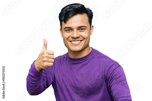 Young caucasian handsome portrait man big smile his face He wearing purple long-sleeved shirt standing against transparent background