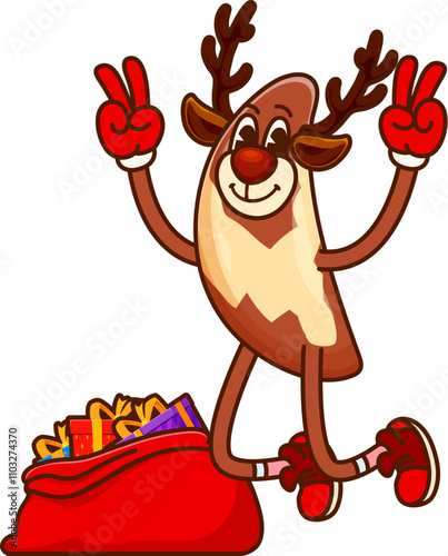 Christmas Brazilian nut groovy character dressed as reindeer joyfully strikes peace sign pose next to a vibrant gift bag. Isolated vector cheerful retro snack personage captures festive holiday cheer