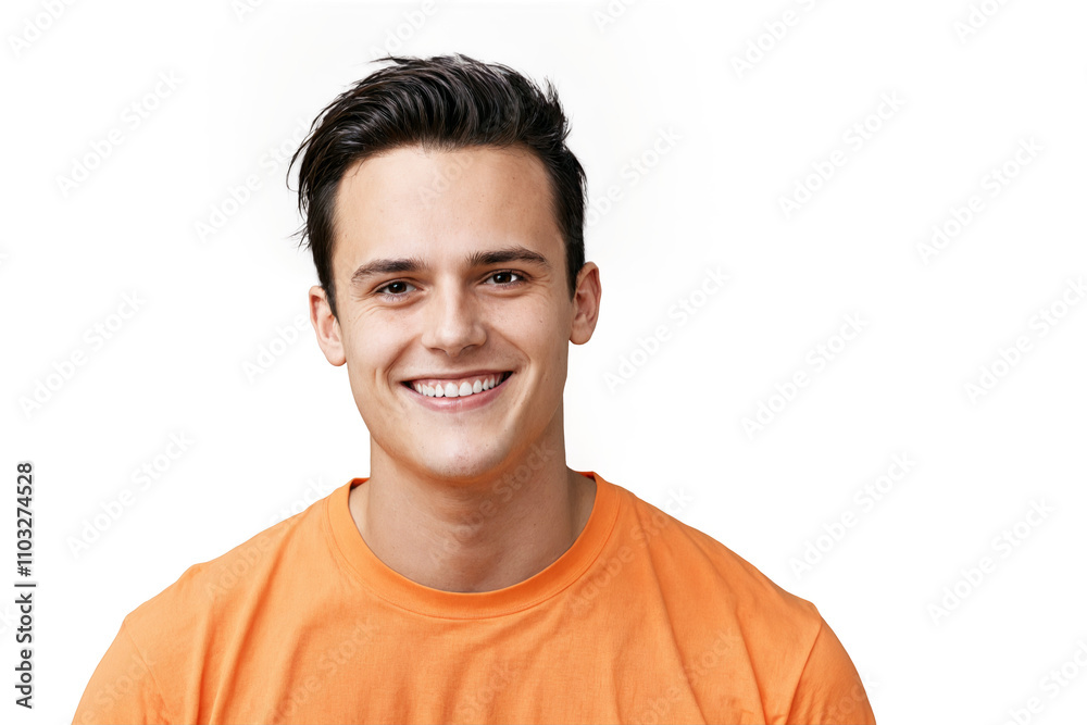 Young caucasian handsome portrait man big smile his face He wearing orange t-shirt standing against Young caucasian handsome portrait man big smile his face He wearing orange t-shirt standing against