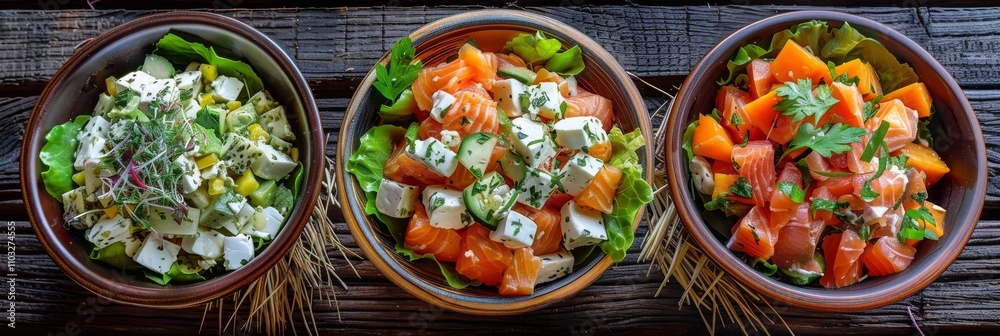 Herb Cheese Vegetable Salad, Baked Pumpkin Salat, Raw Smoked Salmon Restaurant Starter Menu Herb Cheese Vegetable Salad, Baked Pumpkin Salat, Raw Smoked Salmon Restaurant Starter Menu