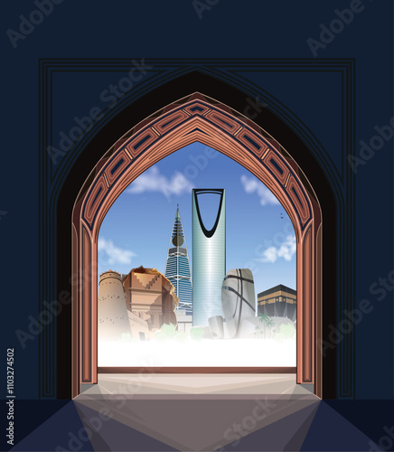 SAUDI Islamic poster template with mosque window background islamic greeting cards. Arched mosque window with a view of a silhouette of the mosque with a dramatic sky view background. 