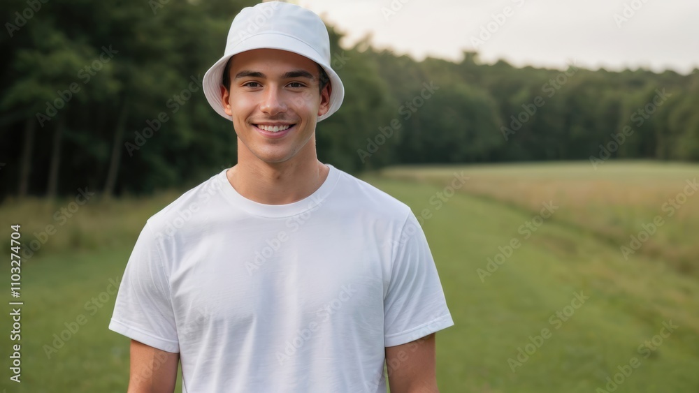 Young man wearing white t-shirt and white bucket hat standing in nature Young man wearing white t-shirt and white bucket hat standing in nature