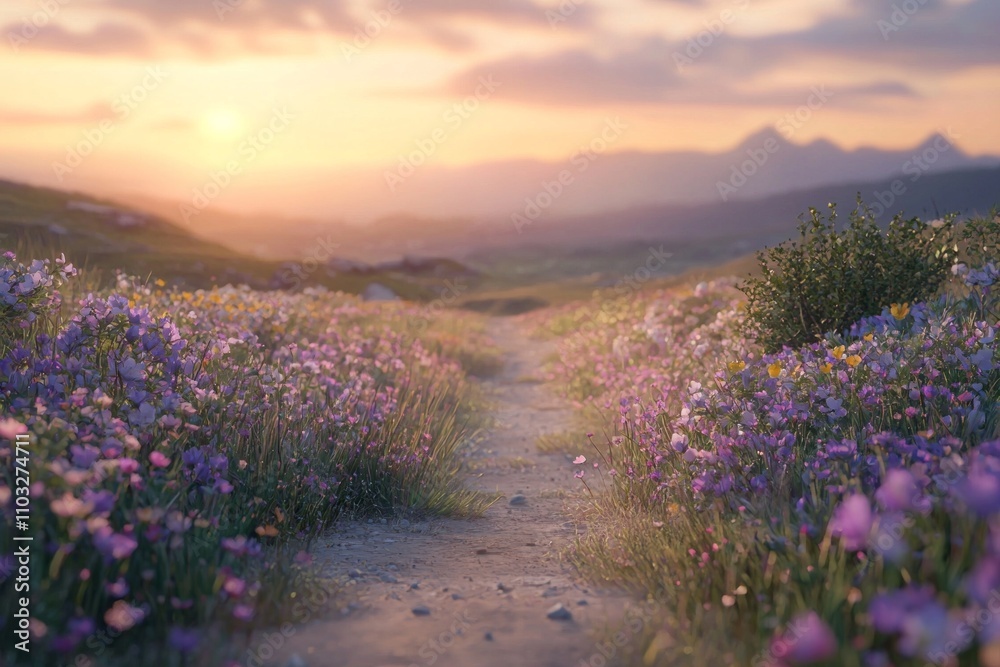 Fototapeta premium A path leading into the distance, with wildflowers on both sides and a beautiful sunset sky in the background.