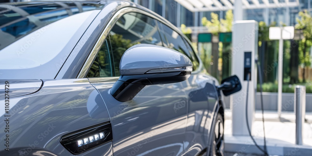 Close-up showcasing the sleek design of an electric vehicle charging at a modern station. The focus is sharp on the car's features, while the background is softly blurred, emphasizing the vehicle. Close-up showcasing the sleek design of an electric vehicle charging at a modern station. The focus is sharp on the car's features, while the background is softly blurred, emphasizing the vehicle.