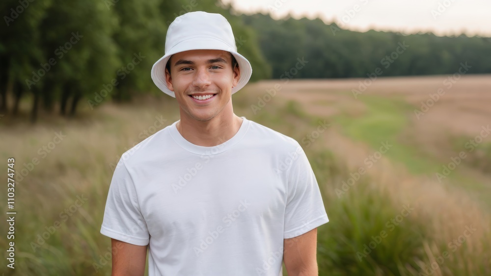 Young man wearing white t-shirt and white bucket hat standing in nature Young man wearing white t-shirt and white bucket hat standing in nature