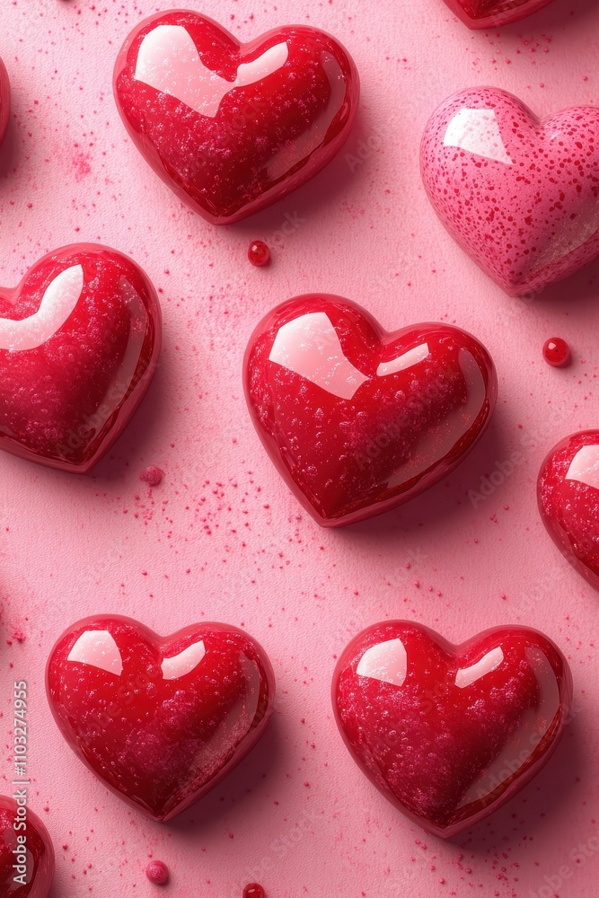 Fototapeta premium Colorful Heart-Shaped Chocolate Treats on a Pink Background Ideal for Valentine’s Day Celebrations, Sweet Treats, and Festive Occasions