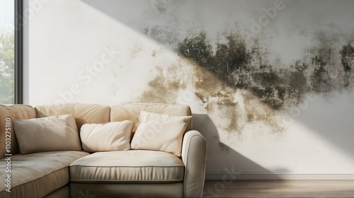Mold infestation growing on wall behind sofa in living room photo