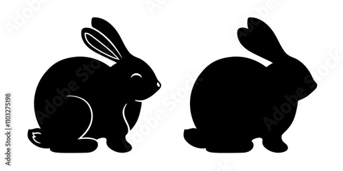 Cute rabbit, black silhouette isolated on white. Simple filled hand drawn shape, minimalist stencil, side view. Vector clipart for children illustration or Easter design, laser cutting or engraving.