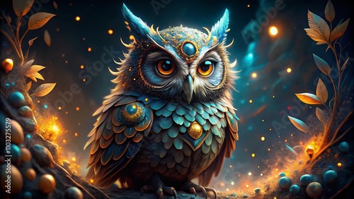 Abstract Fantasy Owl Illustration Surrounded by Enigmatic Elements Against a Dark Background – A Sci-Fi and Fantasy Concept Art Experience