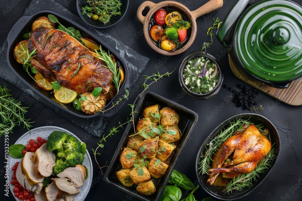 Restaurant Food Set with Fried Chicken Kiev, Homemade Kaurma Lagman and Roasted Turkey Restaurant Food Set with Fried Chicken Kiev, Homemade Kaurma Lagman and Roasted Turkey
