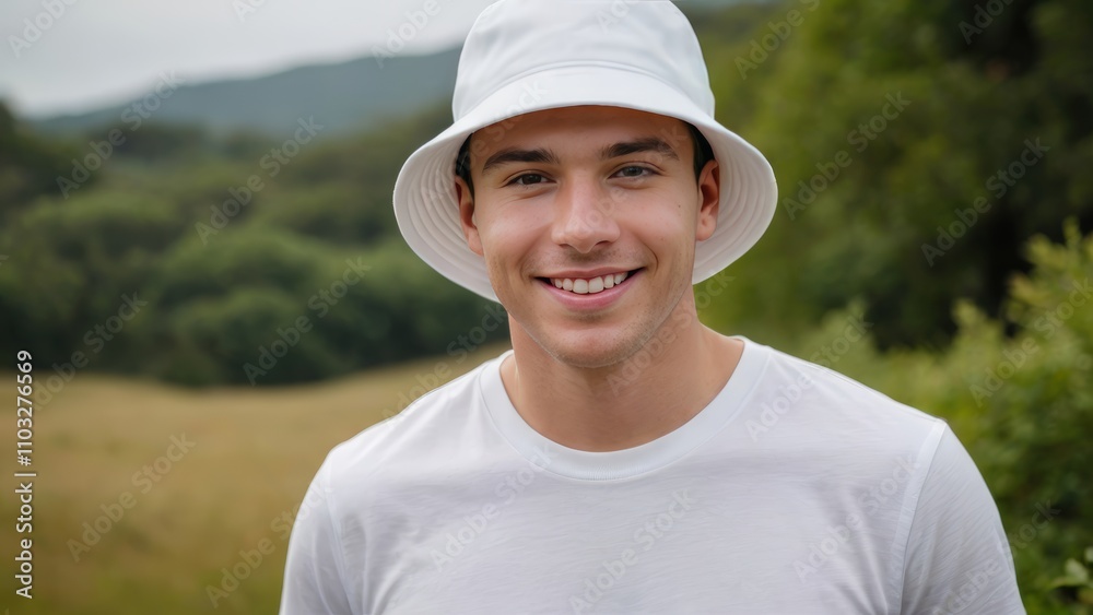 Young man wearing white t-shirt and white bucket hat standing in nature Young man wearing white t-shirt and white bucket hat standing in nature
