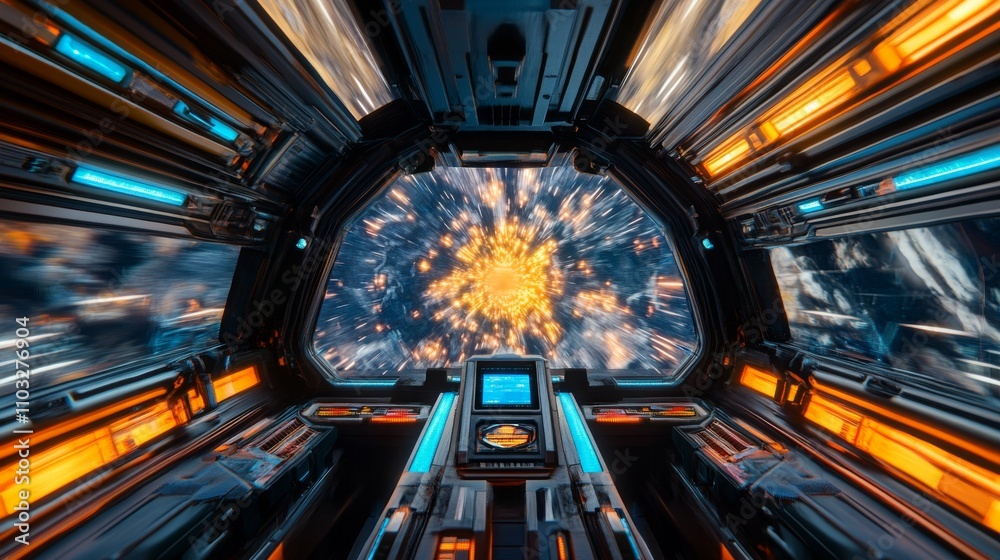 Futuristic Spacecraft Interior View with Warp Speed Effect Showcasing Energetic Colorful Light Patterns and Control Panel Technology in Outer Space Futuristic Spacecraft Interior View with Warp Speed Effect Showcasing Energetic Colorful Light Patterns and Control Panel Technology in Outer Space