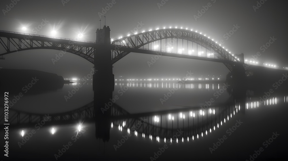 Fototapeta premium Illuminated Bridge Reflecting in Foggy Water at Night