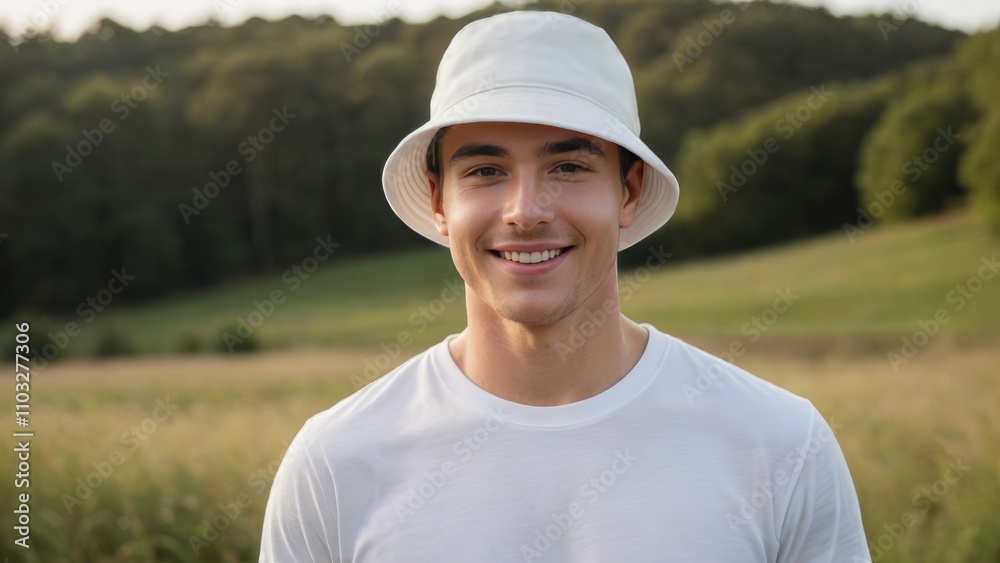 Young man wearing white t-shirt and white bucket hat standing in nature Young man wearing white t-shirt and white bucket hat standing in nature