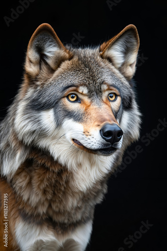 A close up of a wolf's face on a black background