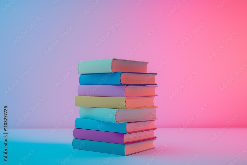 A stack of colorful books on a vibrant gradient pastel background. A stack of colorful books on a vibrant gradient pastel background.