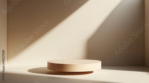 Minimal podium with air floating geometric. minimalist wooden pedestal casting shadows in light space