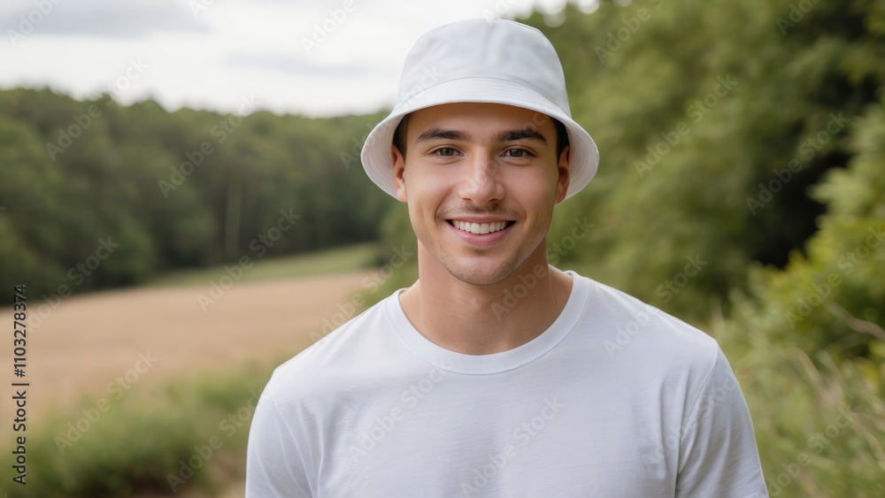 Young man wearing white t-shirt and white bucket hat standing in nature Young man wearing white t-shirt and white bucket hat standing in nature