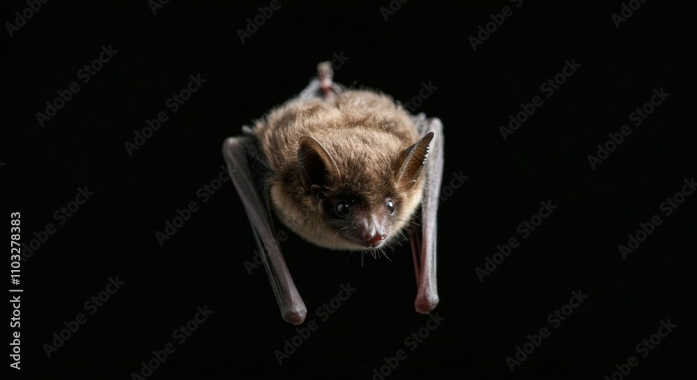 Nocturnal bat in flight against black background, wildlife study, nature photography Nocturnal bat in flight against black background, wildlife study, nature photography