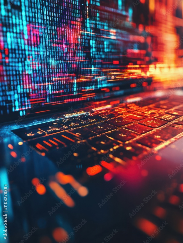 Close up of laptop computer with abstract coding binary code hologram. Artificial intelligence and development concept. Double exposure Close up of laptop computer with abstract coding binary code hologram. Artificial intelligence and development concept. Double exposure