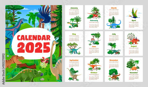 2025 year calendar with prehistoric dinosaur characters, vector template layout. 2025 year calendar with month grid and funny dino animals, lizards and reptiles of Jurassic era in jungle forest park